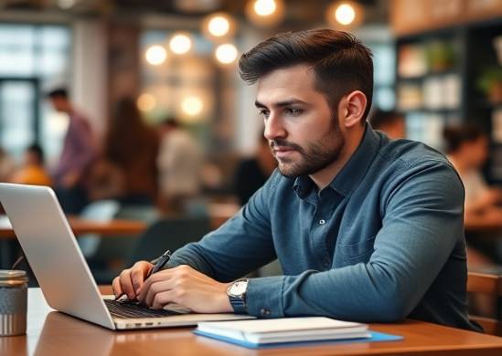strategic content creation, thoughtful expression, writing on laptop, photorealistic, coffee shop ambiance, highly detailed, busy environment, 100-400mm zoom lens, warm tones, diffused lighting, shot with a 50mm lens.