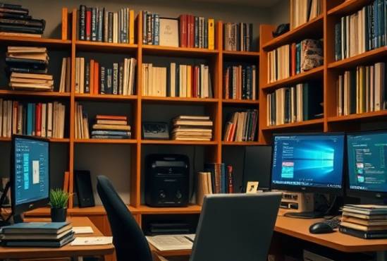 efficient content management, organized expression, arranging files, photorealistic, neat home office with shelves full of books, highly detailed, digital screens glowing, 1/200 sec shutter speed, earthy colors, directional lighting, shot with a 85mm lens.