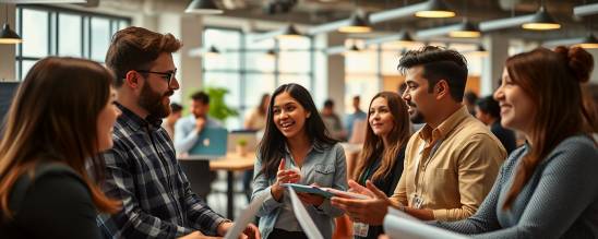 effective content marketing, engaging expression, discussing strategy, photorealistic, open co-working space filled with professionals, highly detailed, energetic discussions, f/2.8 aperture, vivid hues, ambient light, shot with a 24-70mm lens.