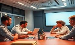 dynamic mission meeting, focused expression, strategizing, photorealistic, conference room with futuristic decor, highly detailed, laptops and projectors, crisp resolution, warm earth tones, ambient overhead lighting, shot with a 50mm lens