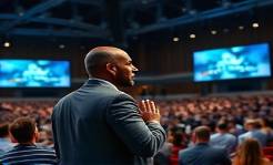 visionary leader, determined, presenting a vision statement, photorealistic, auditorium filled with attentive audience, highly detailed, projectors and digital displays, ultra-sharp detail, cool contrasting tones, spotlight lighting, shot with an 85mm lens