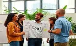goal-oriented team, enthusiastic, collaborating, photorealistic, open-plan workspace with greenery, highly detailed, whiteboards and sticky notes, high clarity, vibrant colors, warm natural lighting, shot with a 35mm lens