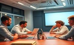dynamic mission meeting, focused expression, strategizing, photorealistic, conference room with futuristic decor, highly detailed, laptops and projectors, crisp resolution, warm earth tones, ambient overhead lighting, shot with a 50mm lens