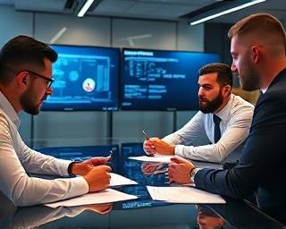 strategic planning group, focused intensity, analyzing mission objectives, photorealistic, sleek modern meeting room with smart tech, highly detailed, interactive screens and digital notes, precise detail, neutral colors, bright LED lighting, shot with a 24mm lens