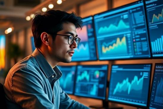 aspiring influencer, thoughtful, analyzing media trends, photorealistic, modern office space with multiple screens displaying analytics, highly detailed, digital interfaces and graphs, sharp focus, warm tones, soft spotlight, shot with an 85mm lens