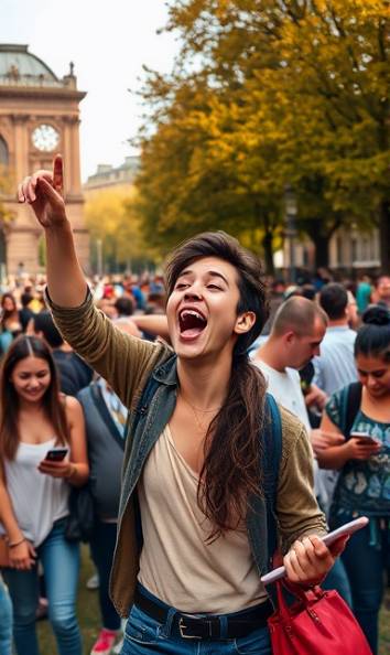 social media influencer, excited, interacting with a diverse crowd, photorealistic, open park with various cultural elements, highly detailed, people engaging with digital devices, vibrant and diverse hues, natural daylight, shot with a 35mm lens