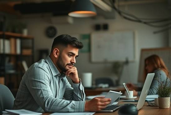 influencer marketing expert, contemplative, planning a campaign, photorealistic, collaborative workspace with team brainstorming, highly detailed, marketing materials and gadgets, muted colors, mixed lighting, shot with a 24mm lens