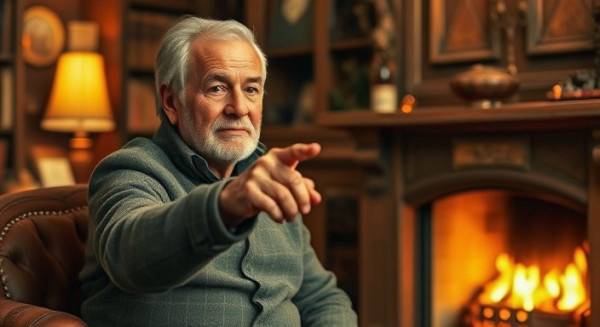 older mentor guiding expertise change, wise expression, pointing towards a new horizon, photorealistic, cozy study with rich oak furniture, highly detailed, fireplace embers glowing, f/2.2, warm sepia tones, soft evening lamp light, shot with a Sony 35mm lens.