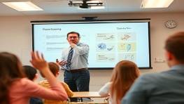 teacher orchestrating expertise development workshop, engaging expression, illustrating concepts on a digital board, photorealistic, interactive classroom with eager students, highly detailed, waving hands and flying paper planes, f/1.8, neutral tones, warm overhead lights, shot with a Nikon 85mm lens.