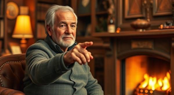 older mentor guiding expertise change, wise expression, pointing towards a new horizon, photorealistic, cozy study with rich oak furniture, highly detailed, fireplace embers glowing, f/2.2, warm sepia tones, soft evening lamp light, shot with a Sony 35mm lens.