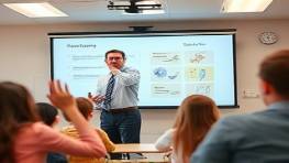teacher orchestrating expertise development workshop, engaging expression, illustrating concepts on a digital board, photorealistic, interactive classroom with eager students, highly detailed, waving hands and flying paper planes, f/1.8, neutral tones, warm overhead lights, shot with a Nikon 85mm lens.