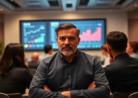 Influential SEO leader, determined expression, leading a team meeting, photorealistic, spacious boardroom with digital projections of SEO metrics, highly detailed, diverse team collaboration, sharp focus, warm tones, subtle overhead lighting, shot with an 85mm lens.