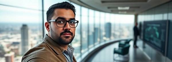 Dominant SEO strategist, focused expression, forging new pathways, photorealistic, sleek office with a panoramic view of the city, highly detailed, interactive digital whiteboard displays, high-resolution imagery, contrasting colors, bright midday lighting, shot with a 35mm lens.