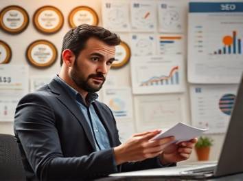 Credible SEO tactician, thoughtful expression, analyzing trends, photorealistic, contemporary workspace with a wall full of SEO accolades, highly detailed, extensive charts and timelines, pinpoint clarity, muted colors, soft ambient lighting, shot with a 75mm lens.