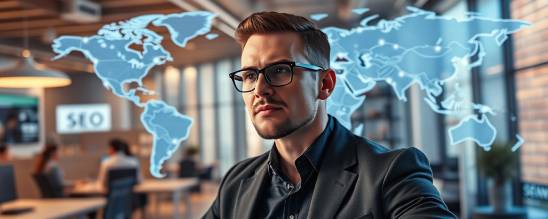 SEO leader on the rise, ambitious expression, strategizing future goals, photorealistic, modern urban office with digital world map and SEO networks overlaid, highly detailed, immersive visual elements, pristine image quality, dynamic lighting with cool glow, shot with a 24mm lens.