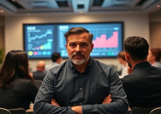 Influential SEO leader, determined expression, leading a team meeting, photorealistic, spacious boardroom with digital projections of SEO metrics, highly detailed, diverse team collaboration, sharp focus, warm tones, subtle overhead lighting, shot with an 85mm lens.