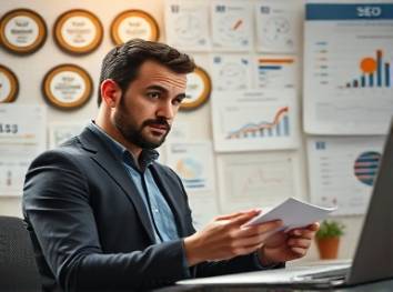 Credible SEO tactician, thoughtful expression, analyzing trends, photorealistic, contemporary workspace with a wall full of SEO accolades, highly detailed, extensive charts and timelines, pinpoint clarity, muted colors, soft ambient lighting, shot with a 75mm lens.